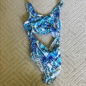 Lilly Pulitzer Blue and Green Floral Kids Swimsuit